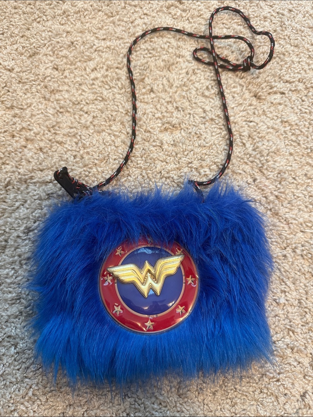 Girls' Blue Wonder Woman Fuzzy Crossbody Bag with Gold Emblem